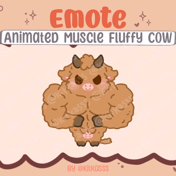 Animated Emote - Animated Muscle Fluffy Cow Emote - Fluffy Cow Emote - Brown Cow Emote - Cow Emote - Twitch Emote - Discord Emote - Cute Cow