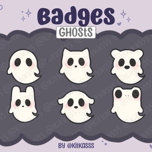 Könnte beinhalten: Sechs süße Geister-Abzeichen mit verschiedenen Ausdrücken. Die Abzeichen sind weiß mit schwarzen Augen und rosa Wangen. Der Text "Badges Ghosts" befindet sich oben im Bild. Der Text "By @KitKassSS" befindet sich unten im Bild.