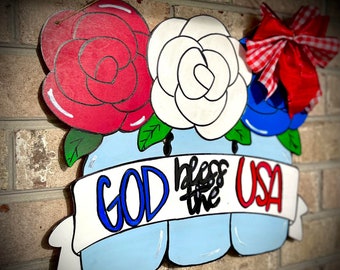 God Bless the USA Mason Jar Door Hanger- Red White Blue- Patriotic- Independence Day- Memorial Day- America