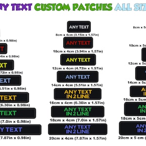 May include: A set of customisable iron-on patches in various sizes. The patches are black with white text that reads "ANY TEXT". Some patches have additional text that reads "IN 2 LINE". The patches are available in sizes ranging from 8cm x 2.5cm to 20cm x 5cm.