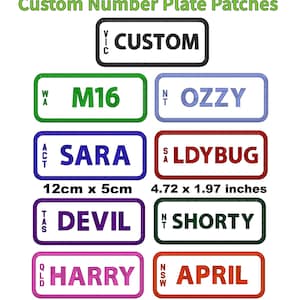 Broderad nummerplåtslapp med ränder, stryk-på eller kardborre | QLD_NSW_SA_NT_WA_TAS_ACT_VIC | storlek 12 cm x 5 cm | vit |