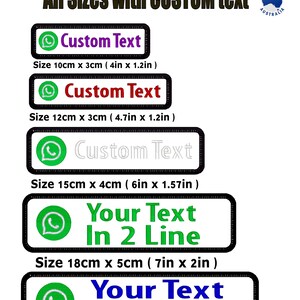 May include: Custom WhatsApp embroidery patches with space for custom text, available in multiple sizes. Patches range from 10cm x 3cm to 20cm x 5cm, featuring the WhatsApp logo. Made in Australia.