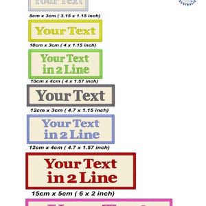 May include: A selection of custom text embroidery patches in various sizes and colours. The patches display text in different fonts and layouts, with measurements ranging from 8cm x 3cm to 20cm x 5cm.