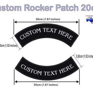 May include: Two black, curved rocker patches with white text that reads "CUSTOM TEXT HERE." Each patch is 20cm (7.87 inches) wide and 3.85cm (1.52 inches) high. The text "Custom Rocker Patch 20cm" is at the top.