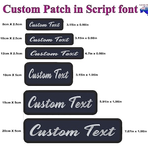 May include: Six different sizes of custom embroidered patches with the text "Custom Text" in a script font. The patches are all navy blue with white lettering and have a black border. The patches are shown on a white background with measurements in inches and centimeters.