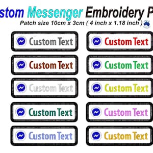 May include: Custom Messenger embroidery patches, each 10cm x 3cm. The patches feature a Messenger logo and the words "Custom Text" in various colours, including blue, red, brown, green, and yellow. The patches have a black border.