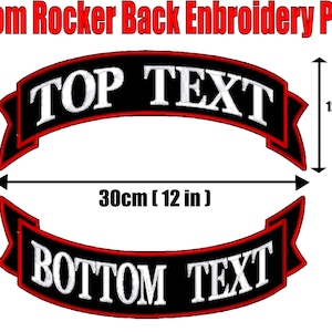 Peut inclure: Écusson de broderie de dos rocker personnalisé avec le texte "TOP TEXT" et "BOTTOM TEXT" en blanc sur une bannière noire avec un bord rouge. Le patch mesure 30 cm de large et 12 cm de haut. Comprend un logo "MADE IN AUSTRALIA".