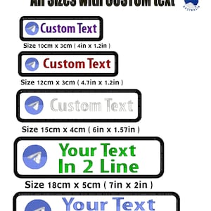 May include: Custom Telegram embroidery patches in various sizes, with options for custom text. Sizes range from 10cm x 3cm to 20cm x 5cm. Each patch features a telegram icon. Made in Australia.