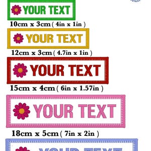 May include: Five rectangular custom embroidery patches with a flower icon and the text YOUR TEXT. Sizes include 10cm x 3cm (4in x 1in), 12cm x 3cm (4.7in x 1in), 15cm x 4cm (6in x 1.57in), 18cm x 5cm (7in x 2in), and 20cm x 5cm (7.87in x 2in).