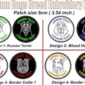 Könnte beinhalten: Gestickte Aufnäher mit Hunderassen-Designs, jeweils etwa 9 cm im Durchmesser. Designs umfassen Russischer Terrier, Blood Hound und Border Collie-Varianten, mit Text um die Ränder.