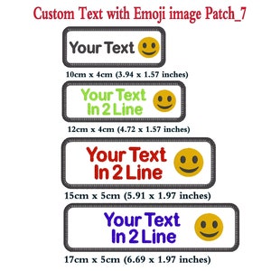 May include: Four embroidered patches with black borders and a yellow smiley face. The patches feature the text "Your Text" and "In 2 Line" in different colours and sizes. The patches are 10cm x 4cm, 12cm x 4cm, 15cm x 5cm, and 17cm x 5cm.