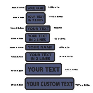 May include: A set of eight iron-on patches in various sizes, featuring different text options. The patches are navy blue with black text. The text options include "YOUR NAME", "YOUR TEXT IN 2 LINES", and "YOUR CUSTOM TEXT". The patches are available in sizes ranging from 8 cm by 2.5 cm to 20 cm by 5 cm.