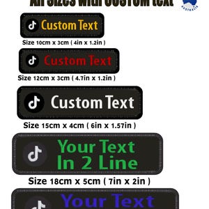 May include: Custom TikTok embroidery patches with space for custom text. Patches feature the TikTok logo. Sizes include 10cm x 3cm, 12cm x 3cm, 15cm x 4cm, 18cm x 5cm, and 20cm x 5cm. Made in Australia.
