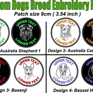 Könnte beinhalten: Gestickte Aufnäher mit Hunderassen, jeweils 9 cm im Durchmesser. Designs umfassen Australia Shepherd, Australia Cattle Dog, Basenji und Basset Hound. Jeder Aufnäher hat Text oben und unten.