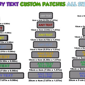 May include: A selection of custom patches in various sizes, each with the text "ANY TEXT" in different colours. The patches are rectangular with grey borders, and sizes range from 8cm to 20cm in length.
