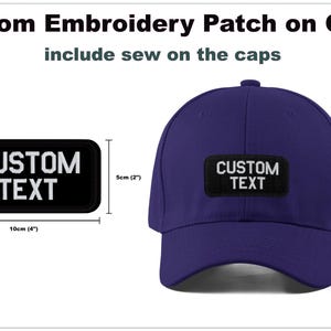 May include: A navy blue baseball cap with a custom embroidered patch. The black patch has white text reading "CUSTOM TEXT". The patch measures 10cm by 5cm. The image also shows a separate patch with the same design.