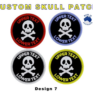 May include: Four custom skull patches with different colored borders: red, blue, white, and yellow. Each patch features a white skull and crossbones on a black background, with the text "UPPER TEXT" and "LOWER TEXT". The text "CUSTOM SKULL PATCH" is at the top.
