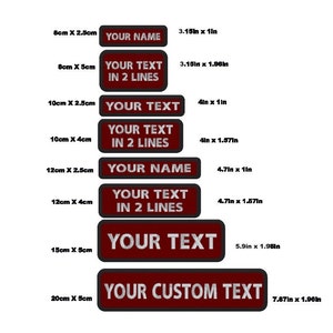 May include: A set of ten red and white embroidered iron-on patches with different sizes and text. The patches feature the text "YOUR NAME", "YOUR TEXT IN 2 LINES", and "YOUR CUSTOM TEXT". The patches are available in various sizes, ranging from 8 cm by 2.5 cm to 20 cm by 5 cm.