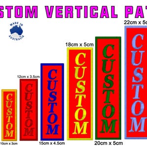 May include: A selection of vertical custom patches, with sizes from 10cm x 3cm to 22cm x 5cm. Each patch displays the word "CUSTOM" in a contrasting colour against a red backdrop. The patches are labelled with their dimensions.