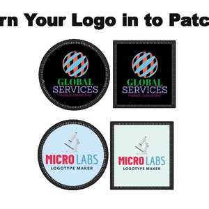 May include: Four patches are displayed, two circular and two square, each featuring a logo. The top two show "GLOBAL SERVICES FINANCE CONSULTANT" with a globe design. The bottom two display "MICRO LABS LOGOTYPE MAKER" with a microscope graphic.