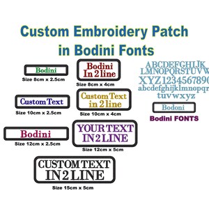May include: A set of five custom embroidery patches in various sizes, featuring the Bodini font. The patches are black with white outlines and feature different text in various colours, including purple, green, yellow, and blue. The patches are available in sizes ranging from 8 cm x 2.5 cm to 15 cm x 5 cm. The text on the patches includes "Bodini", "Bodini In 2 line", "Custom Text", "Custom Text in 2 line", and "YOUR TEXT IN 2 LINE". The image also includes a chart of the Bodini font with all the letters and numbers.
