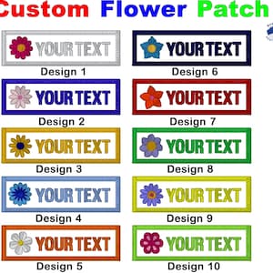 May include: Ten rectangular embroidered patches labelled Design 1 through 10. Each patch features a unique flower icon on the left and the text YOUR TEXT in the centre, surrounded by a coloured border. The colours vary for each design.