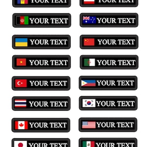 May include: A set of 14 black and white rectangular patches with different country flags and the text "YOUR TEXT" printed in white.