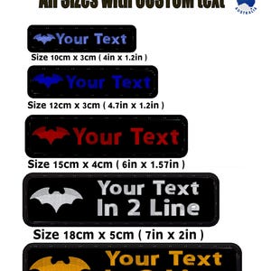 May include: Custom embroidered bat patches with text. Sizes include 10cm x 3cm, 12cm x 3cm, 15cm x 4cm, 18cm x 5cm, and 20cm x 5cm. The patches feature bat silhouettes and the text 'Your Text' or 'Your Text In 2 Line'. Made in Australia.