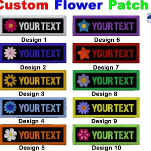 May include: Ten rectangular embroidered patches labelled Design 1 through 10, each featuring a unique flower icon and the text YOUR TEXT in various thread colours against black backgrounds with matching coloured borders and white text options.