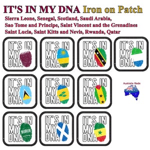 May include: Twelve iron-on patches featuring the flags of different countries. Each patch has the text "It's in my DNA" printed on it. The patches are made in Australia.