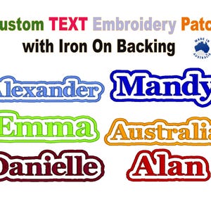 Pode incluir: Seis patches bordados coloridos com os nomes "Alexander", "Mandy", "Emma", "Australia", "Danielle" e "Alan". Os patches têm um contorno branco e são feitos na Austrália com suporte de ferro.