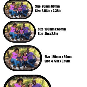 May include: Oval sublimation print patches featuring a family photo, available in four sizes: 90mm x 60mm, 100mm x 66mm, 120mm x 80mm, and 150mm x 100mm. The patches have a black border and the text "Tranfer your Image in to Sublimation Print Patch".