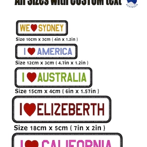 May include: Embroidered patches featuring the phrases "WE ❤️ SYDNEY", "I ❤️ AMERICA", "I ❤️ AUSTRALIA", "I ❤️ ELIZEBERTH", and "I ❤️ CALIFORNIA". Each patch includes a heart symbol and comes in sizes from 10cm x 3cm to 20cm x 5cm.