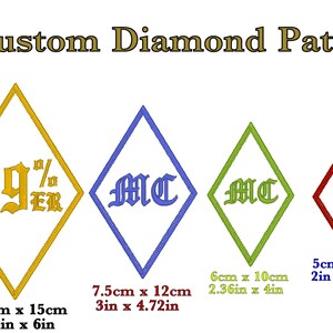 May include: A selection of custom diamond patches in yellow, blue, green, and red, with embroidered text and borders. Sizes vary from 5cm x 8cm to 9.5cm x 15cm. The patches display "99% ER", "MC", and "1%" text, and a "Made in Australia" logo.