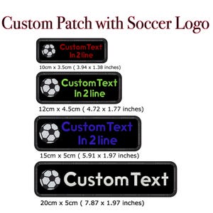 Custom Name Text Embroidery Patch Stripes Badge with SOCCER FOOTBALL Logo Iron On Or Hook  || Black | School Patch | Name Patch| Club Badge|