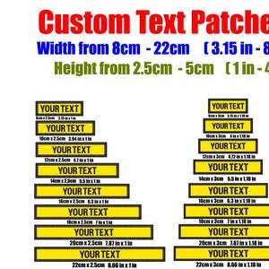 May include: A variety of yellow rectangular custom text patches are shown, with widths from 8cm to 22cm and heights from 2.5cm to 5cm. The patches display the text "YOUR TEXT" or "YOUR TEXT 1 OR 2 LINES", in various sizes.