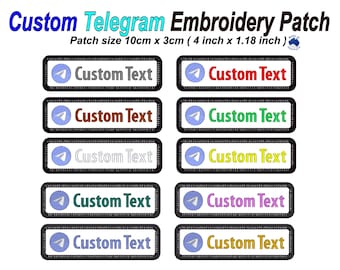 May include: Embroidered patches featuring the text "Custom Text" and a Telegram logo. The patches are rectangular with a black border and come in various colours, including red, green, and yellow. Patch size is 10cm x 3cm.