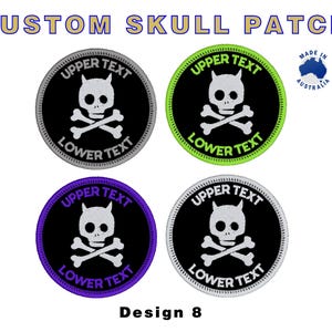 May include: Four custom skull patches with a skull and crossbones design. Each patch is round with a black center and a different colored border: gray, green, purple, and white. The text "UPPER TEXT" and "LOWER TEXT" are displayed.