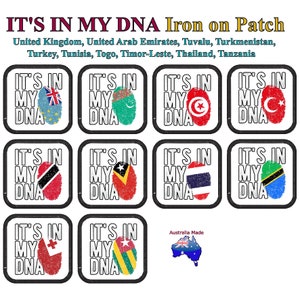 May include: Set of 10 iron-on patches featuring a fingerprint design with various country flags. Each patch says "It's in my DNA" and includes the text "Australia Made".