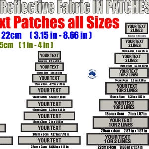 May include: Custom text patches made from night vision reflective fabric, available in various sizes. Widths range from 8cm to 22cm, and heights from 2.5cm to 5cm. Each patch displays "YOUR TEXT" in black, with options for 1 or 2 lines of text.