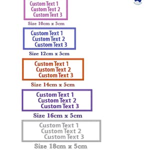 May include: A selection of custom embroidered patches, each displaying "Custom Text 1", "Custom Text 2", and "Custom Text 3". Sizes vary from 10cm x 5cm to 18cm x 5cm. The text "CUSTOM 3 Lines Patch" is at the top of the image.
