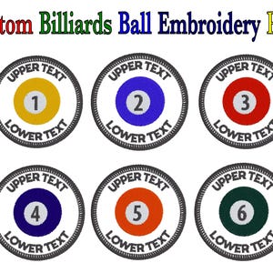 Puede incluir: Parches bordados con bolas de billar numeradas del 1 al 6. Cada parche tiene un diseño circular con una bola de color y un número en el centro. El texto "UPPER TEXT" y "LOWER TEXT" está encima y debajo de la bola.