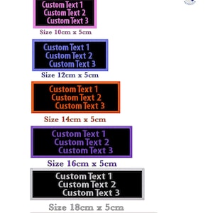 May include: A selection of rectangular custom patches in different colors, each with three lines of text. Sizes vary from 10cm x 5cm to 18cm x 5cm. The text "CUSTOM 3 Lines Patch" is at the top. Made in Australia.