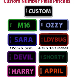 Broderad nummerplåtslapp med ränder, stryk-på eller kardborre | QLD_NSW_SA_NT_WA_TAS_ACT_VIC | storlek 12 cm x 5 cm | Svart |