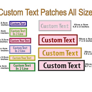 Könnte beinhalten: Individuelle Text-Patches in verschiedenen Größen und Farben. Die Patches sind rechteckig und zeigen den Text "Custom Text" in verschiedenen Schriftarten und Farben. Die Patches sind in Größen von 3,1 x 1 Zoll bis 8,7 x 2 Zoll erhältlich.