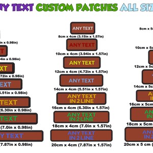 May include: A set of brown fabric patches with white, yellow, red, blue, and green text. The patches are available in various sizes, ranging from 8cm x 2.5cm to 20cm x 5cm. The text on the patches reads "ANY TEXT" and "ANY TEXT IN 2 LINE".