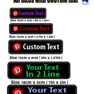 May include: Custom Pinterest embroidery patches in various sizes. The patches are black with a red Pinterest logo and customizable text. Sizes range from 10cm x 3cm to 20cm x 5cm. Made in Australia.