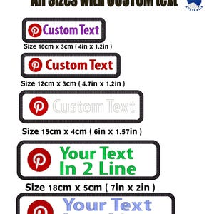 May include: Custom Pinterest embroidery patches in various sizes. Rectangular patches with the Pinterest logo and space for custom text. Sizes range from 10cm x 3cm to 20cm x 5cm. Made in Australia.