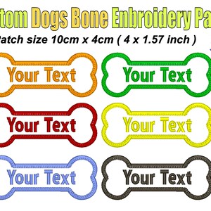 May include: Embroidered dog bone patches in orange, green, red, yellow, blue, and brown. Each patch has the text "Your Text". Patch size is 10cm x 4cm. Made in Australia.