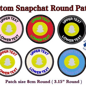 May include: Custom Snapchat round patches in various colours, each featuring the Snapchat ghost logo. The patches are round, approximately 8 cm in diameter, with text at the top and bottom. The patches are made in Australia.